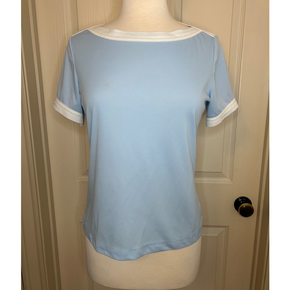 Vintage Top SS Boat Neck Blouse Wm‎ size L Lt Blue White Trim Union Made in USA